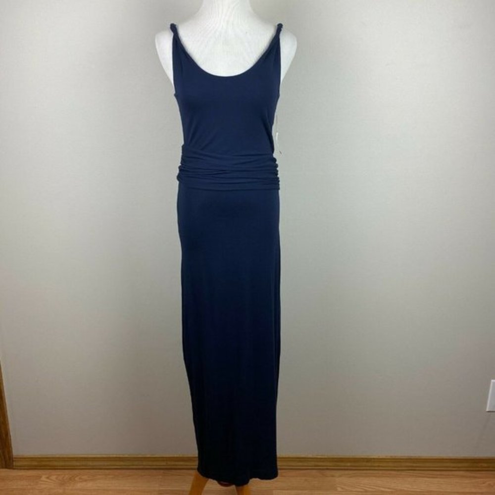Tahari Luka Maxi Dress XS Navy Blue Ruched Twist Strap Sleeveless‎ Slit New